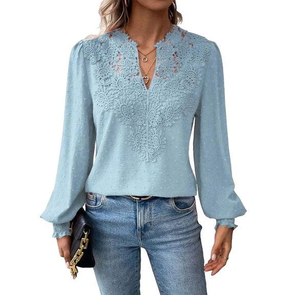 Flowy V-Neck Blouse, Women's Casual Blouses, Long Sleeve Crochet Lace Clothing