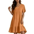 thumbnail image 1 of Flowy Wedding Dresses for Women Casual Cotton Linen Ruffle Tiered Layered Knee Length A-Line Short Dresses V Neck Short Sleeve Wedding Guest Beach Dresses Saffron M, 1 of 5