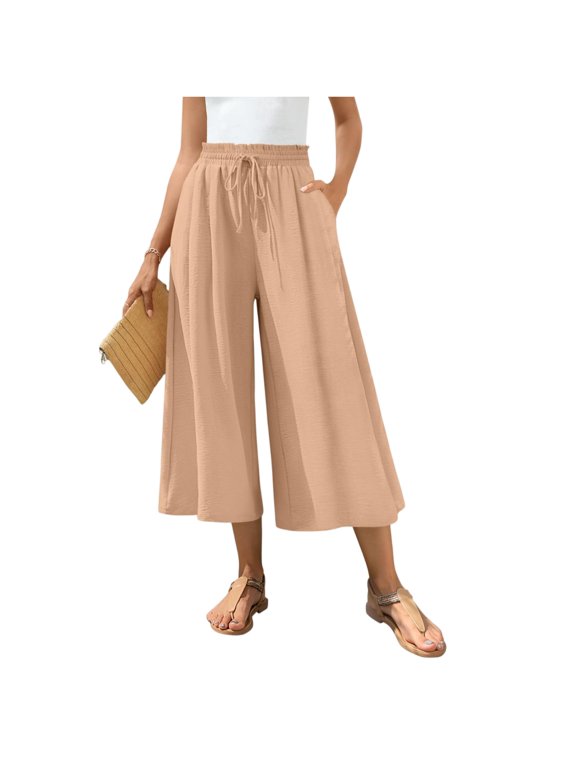 Flowy Wide Leg Culottes for Women, High Rise Paper Bag Waist Capri Pants with Pockets, Casual Drawstring Lounge Slacks, Solid Color