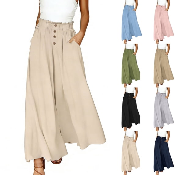 Flowy Wide Leg Palazzo Slacks for Women, Elastic High Waist Button Front Trousers, Casual Loose Lounge Pants with Pockets