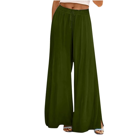 Flowy Wide Leg Pants For Women Elastic Waist Side Slit Drawstring Palazzo Pants Casual Vacation Army Green 2XL