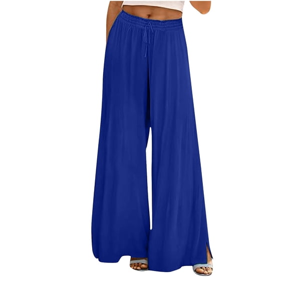 Flowy Wide Leg Pants For Women Elastic Waist Side Slit Drawstring Palazzo Pants Casual Vacation Blue XL