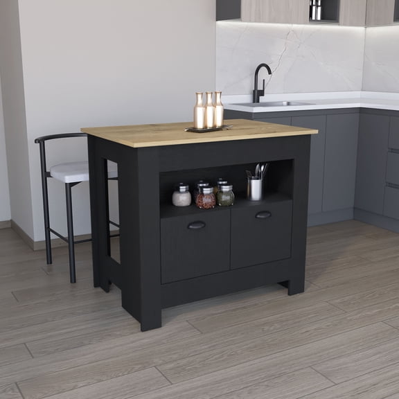 Floyd Kitchen Island 35" H, whit 2 doors, 3 shelves, Black/Macadamia