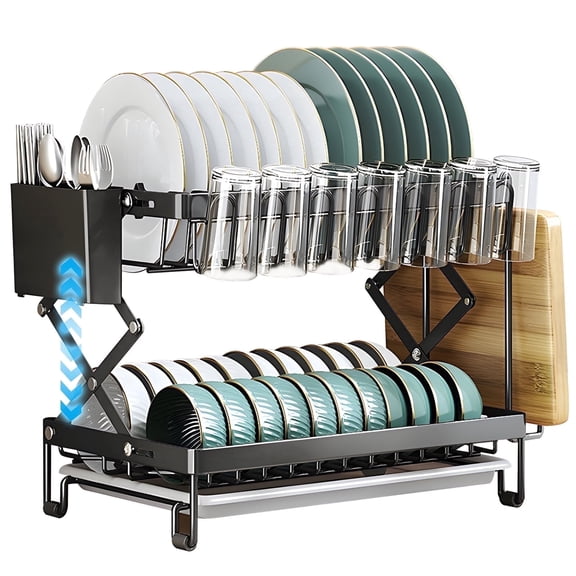 2-Tier Stainless Steel Over The Sink Adjustable Dish Drying Rack with Utensil Holder Black
