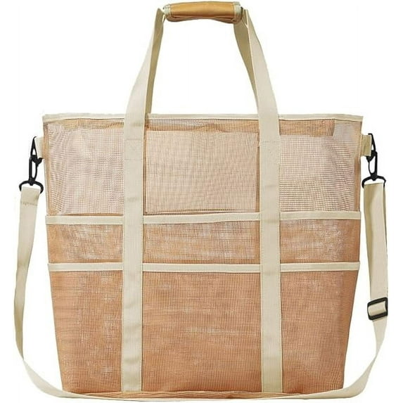 Flrhsjx Mesh Beach Bag, Large Beach Tote Bag with Zipper for Toys Pool Bag Beach Accessories, Beige