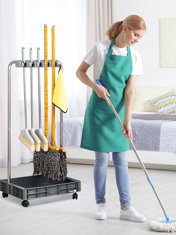 Flroha Broom and Mop Holder with 6 Hooks Put Wet Mops Movable Floor ...