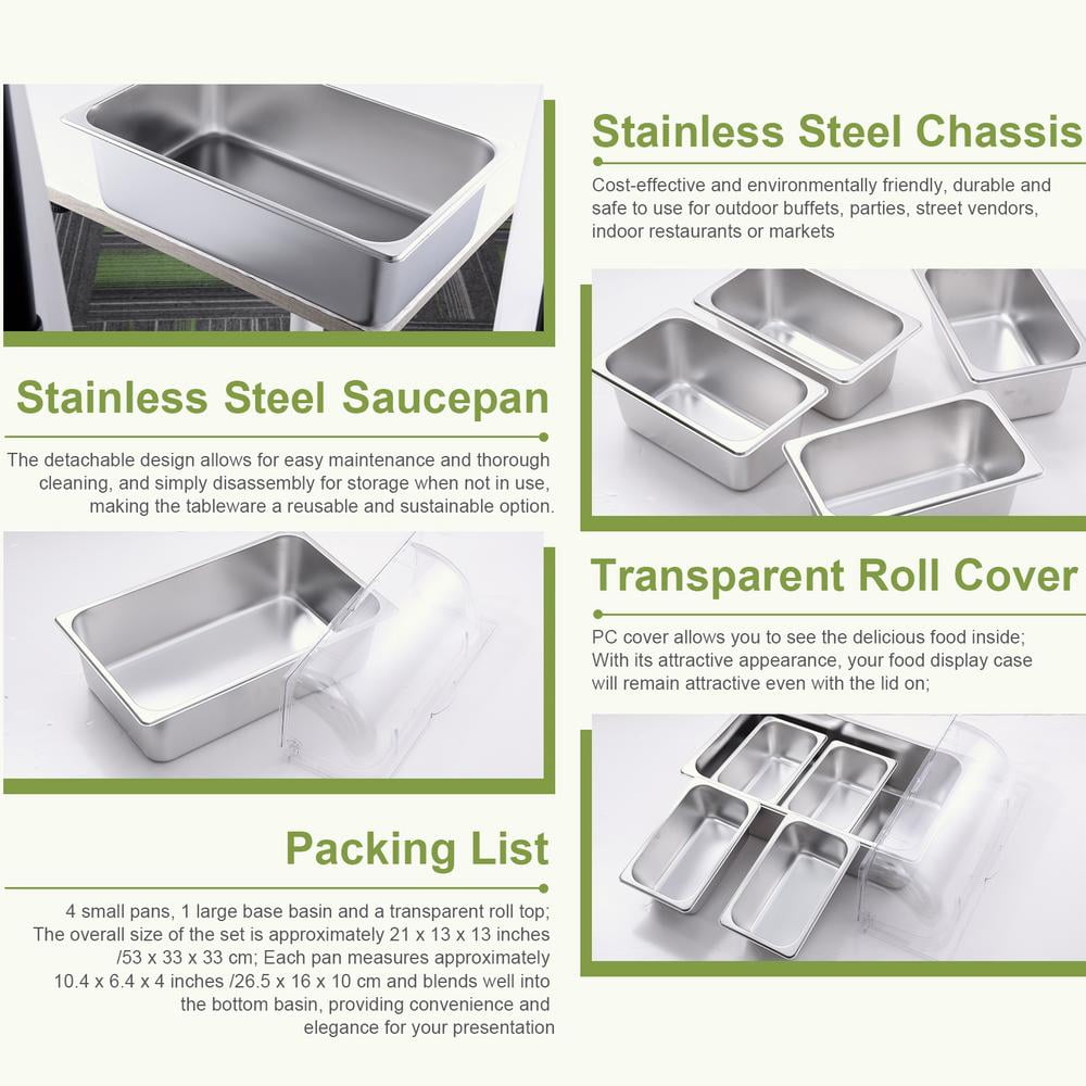 6-Pan Stainless Steel Food Serving Display With Clear Roll Top | Buffet Tray For Salads, Sushi, Condiments - View #3