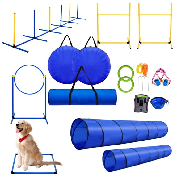 Flroha Dog Agility Course Backyard Set Dog Agility Course Backyard Set with 2 Tunnels Hoop Jump 2 Hurdle Jumps 6 Weave Poles Pause Box Whistle Folding Bowl Toy Ball Carry Bag robust