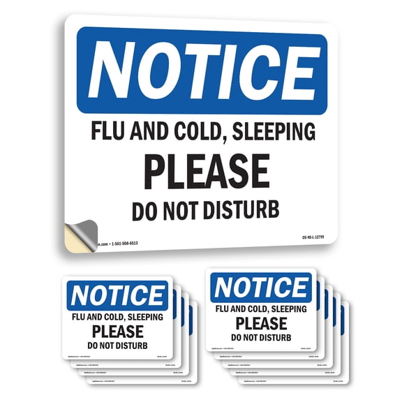 Flu And Cold Sleeping Please Do Not Disturb OSHA Notice Vinyl Decal Label 14 Inch x 10 Inch - 10 Pack