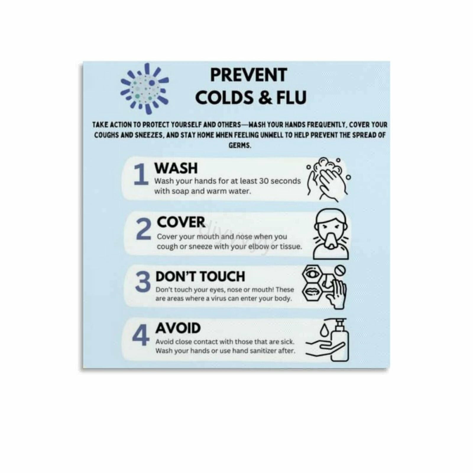 Flu Cold Prevention Chart Poster School Nurse Office Wall Decor (8 ...
