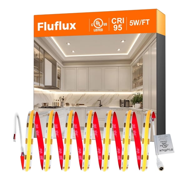 FluFlux COB LED Strip Lights 3500K, 24Volt Premium Diffused LED Tape Light with Strong 3M VHB Adhesive, CRI 95, UL Listed, Flexible, Dimmable, 5W/FT for Living Room, Stairs (No Power Supply)