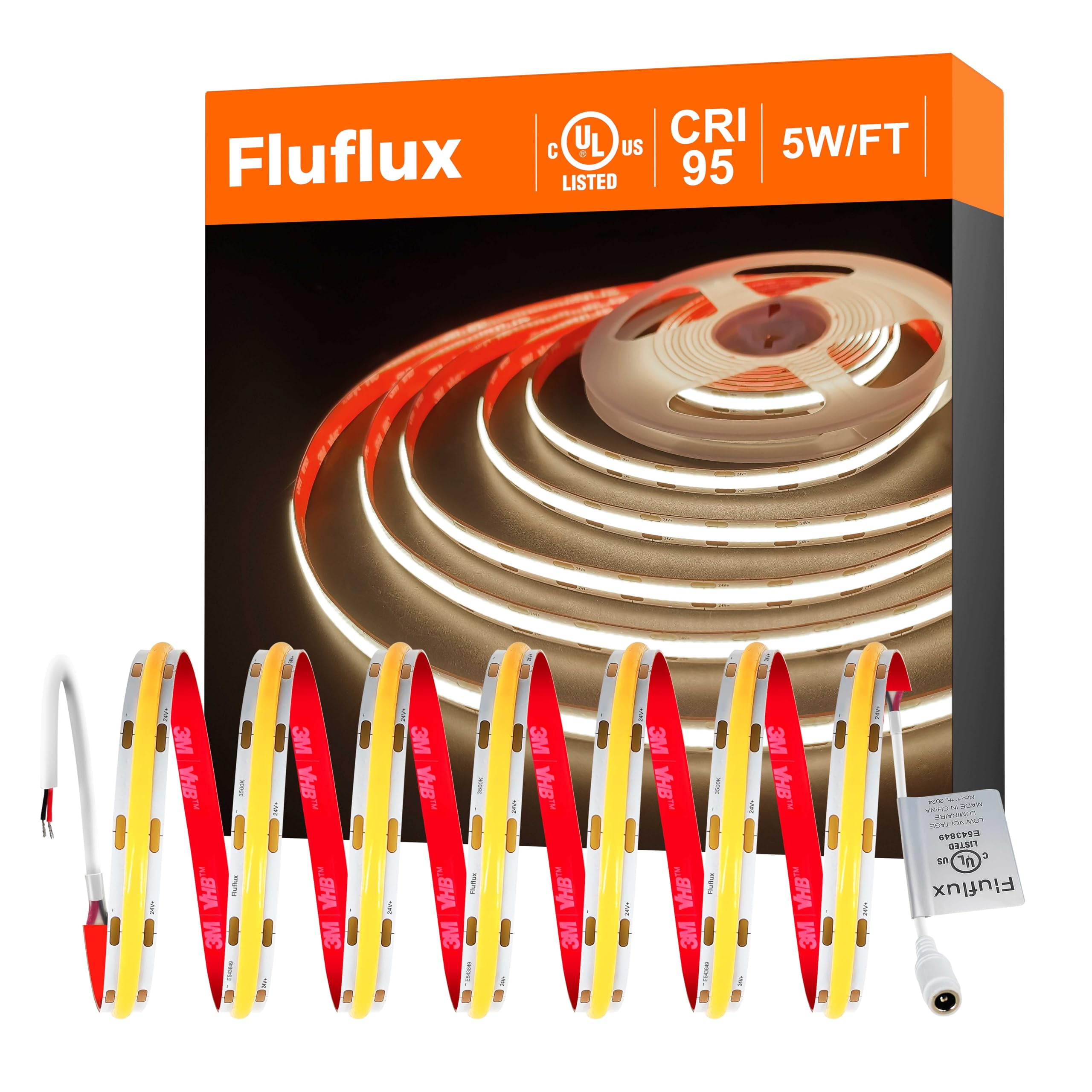 FluFlux COB LED Strip Lights 3500K, 24Volt Premium Diffused LED Tape