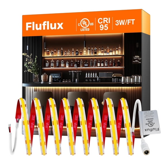 FluFlux COB LED Strip Lights White 2700K, Premium 12V DC Tape Light with Strong 3M VHB Backing, CRI 95, UL Listed, Cuttable, Dimmable for Pros, Living Room, Stairs, Shelves Projects (NO Power Supply)