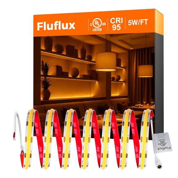 FluFlux Candlelight COB LED Strip Lights 2400K, 5W/FT, 16.4FT 24V LED Tape Light with 3M VHB Backing, CRI 95, UL Listed, Cuttable, Dimmable, Bendable for Bars, Restaurants, Relaxing (NO Power Supply)