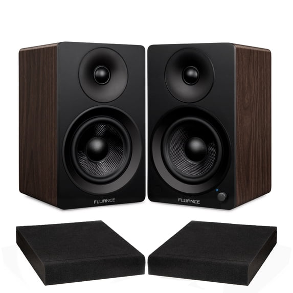 Fluance Ai41 Natural Walnut Powered 2.0 Stereo Bookshelf Speakers with 5" Drivers, 90W Amplifier for Turntable, TV, PC and Bluetooth 5 and High Density Acoustic Foam Isolation Pads 8.5" x 6.35"