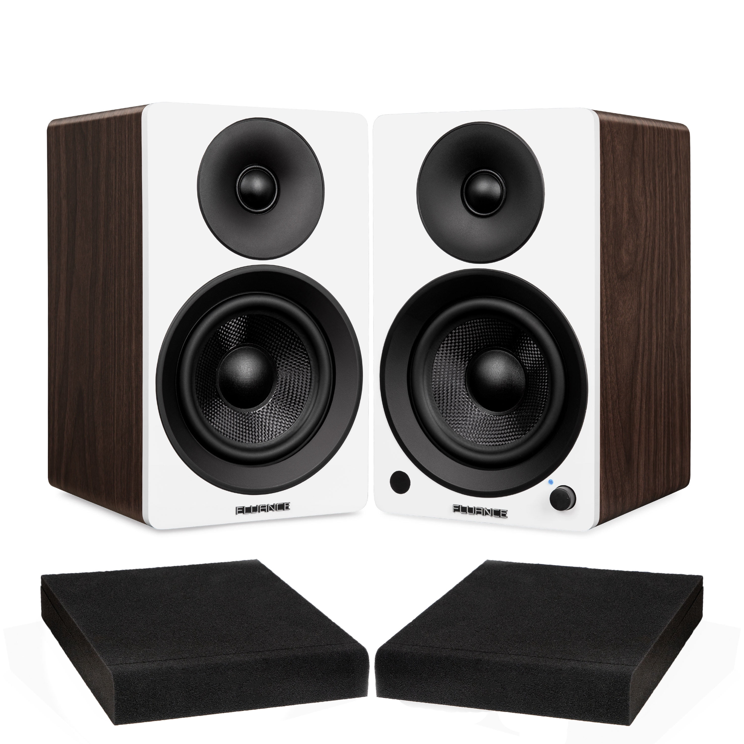 Fluance Ai41 White Walnut Powered 2.0 Stereo Bookshelf Speakers with 5" Drivers, 90W Amplifier for Turntable, TV, PC and Bluetooth 5 and High Density Acoustic Foam Isolation Pads 8.5" x 6.35"