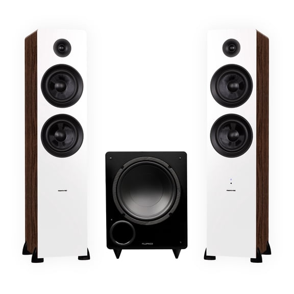 Fluance Ai81 Powered Floorstanding Tower Speakers (White Walnut) and DB10 10" Low Frequency Ported Front Firing Powered Subwoofer with 15 Feet RCA Ultimate Performance Collection Subwoofer Cable