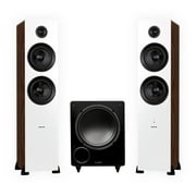 Fluance Ai81 Powered Floorstanding Tower Speakers White Walnut and DB10 10" Low Frequency Ported Front Firing Powered Subwoofer with 15 Feet RCA Ultimate Performance Collection Subwoofer Cable
