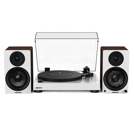 Fluance RT81 Elite High Fidelity Vinyl Turntable (White) with Ai41 Powered 5" Stereo Bookshelf Speakers (White Walnut), Diamond Stylus, Belt Drive, Built-in Preamp, 90W Class D Amplifier, Bluetooth