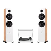 Fluance RT81 Elite High Fidelity Vinyl Turntable White with Ai81 Powered 2-Way Floorstanding Speakers Bamboo, Diamond Stylus, Belt Drive, Built-in Preamp, 150W Class D Amplifier, Bluetooth
