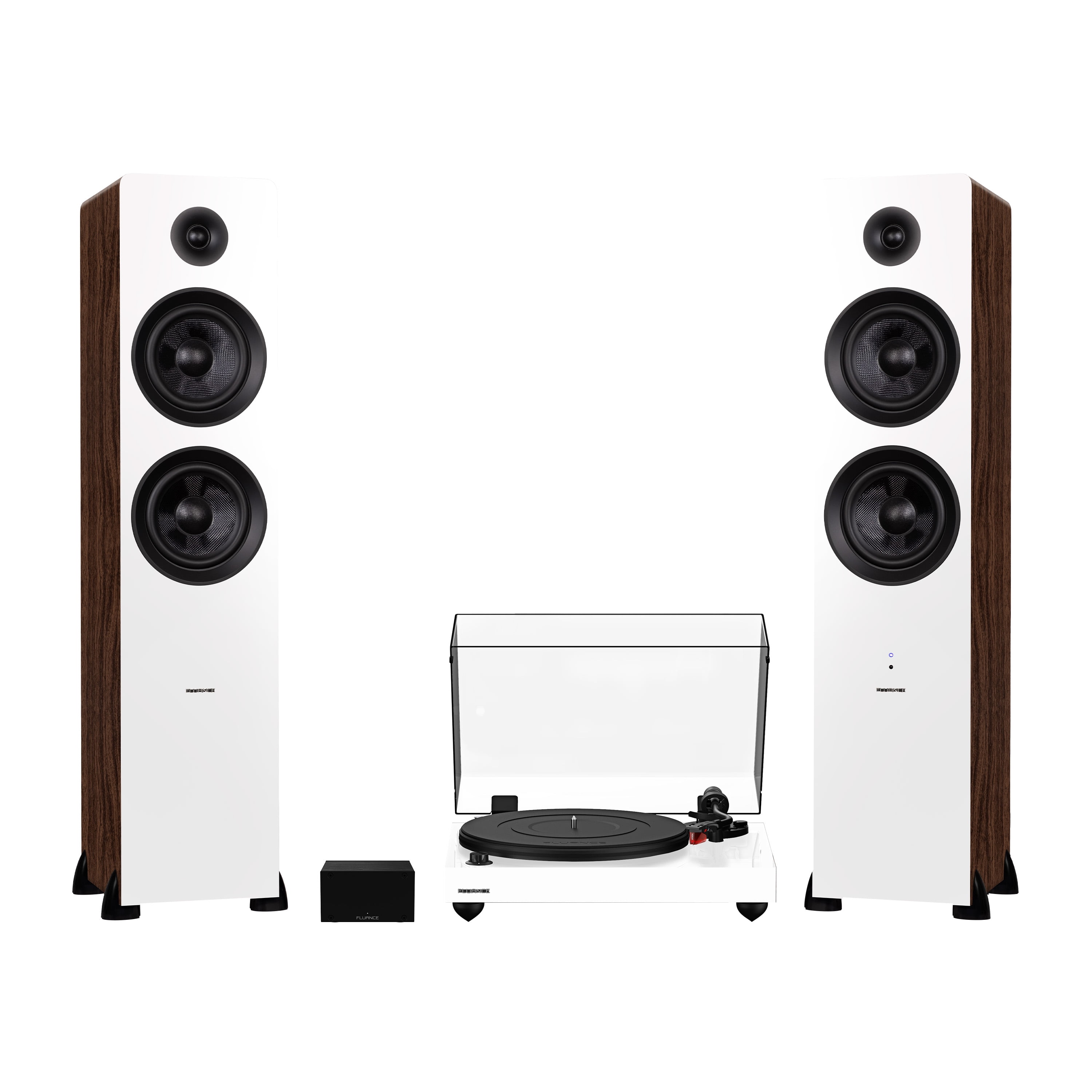 White and Walnut High Fidelity Vinyl Turntable with Floorstanding Speakers