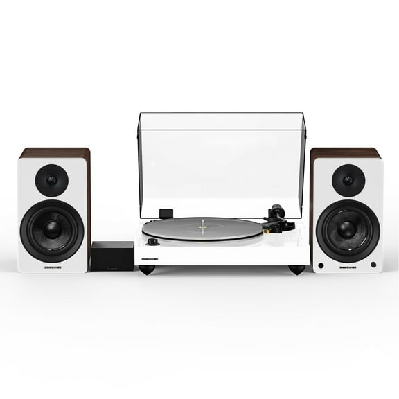 Fluance Reference RT85N High Fidelity Vinyl Turntable (White), PA10 Phono Preamp, Ai41 Powered 5" Bookshelf Speakers (White Walnut), Nagaoka MP-110 cartridge, 90W Class D Amplifier, Bluetooth