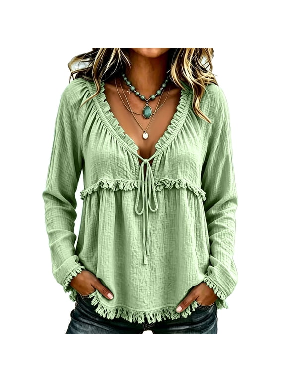 Fluencers Picks Boho Tops for Women Cotton-Linen Vintage Solid Fringe Long Sleeve Shirts Western Fringe Shirts Hippie Gauze Vacation Blouses