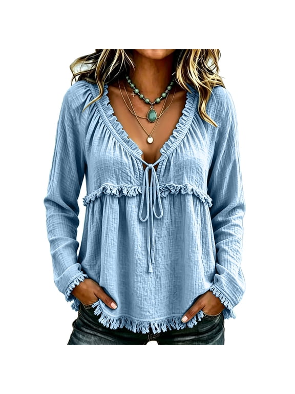 Fluencers Picks Boho Tops for Women Cotton-Linen Vintage Solid Fringe Long Sleeve Shirts Western Fringe Shirts Hippie Gauze Vacation Blouses