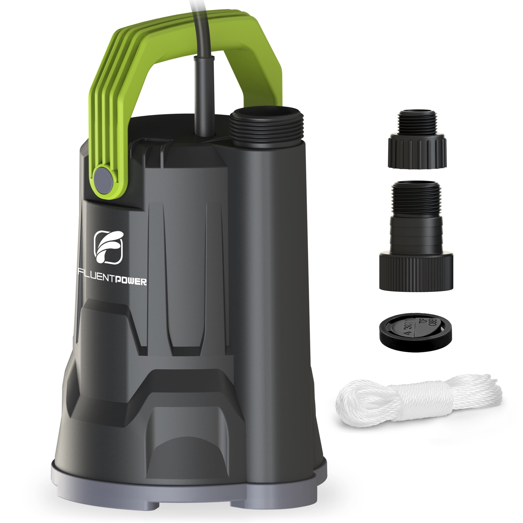 FLUENTPOWER Sump Pump, 3/4HP Submersible Water Pump, 3000GPH Utility Pump Manual Control for Swimming Pool Garden Pond Basement Draining, with 16.4Ft Cord, Adapters, Check Valve and Rope
