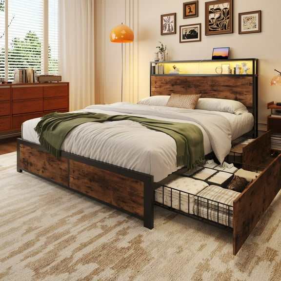 Fluest Full Bed Frame with 2-Tier Storage Headboard, USB Port and LED Light, 4 Storage Drawers, Brown