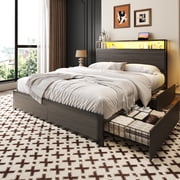 Fluest Full Bed Frame with 2-Tier Storage Headboard, USB Port and LED Light, 4 Storage Drawers, Grey