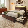 thumbnail image 1 of Fluest Full Bed Frame with 2-Tier Storage Headboard, USB Port and LED Light, 4 Storage Drawers, Rustic Brown, 1 of 7