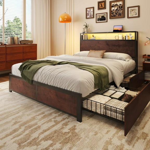 Fluest Full Bed Frame with 2-Tier Storage Headboard, USB Port and LED Light, 4 Storage Drawers, Rustic Brown