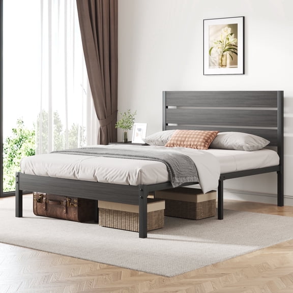 Fluest Full Size Bed Frame with Headboard and Footboard,Metal Support,No Box Spring Needed, Gray
