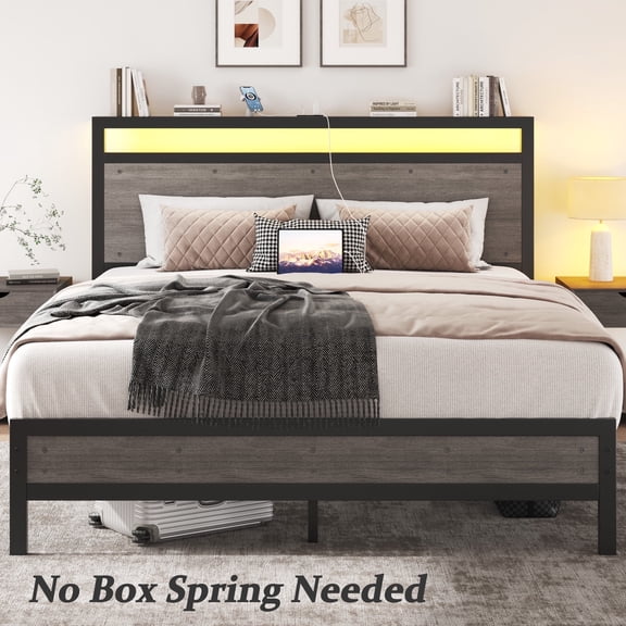 Queen Bed Frame with LED Headboard & Charging Station, Noise-Free, No Box Spring Needed, Rustic Grey