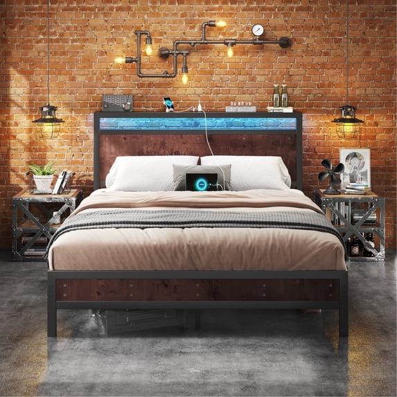 Fluest Iron Wood Bed Frame, USB Port, LED Headboard, Noise-Free,Queen, Rustic Brown
