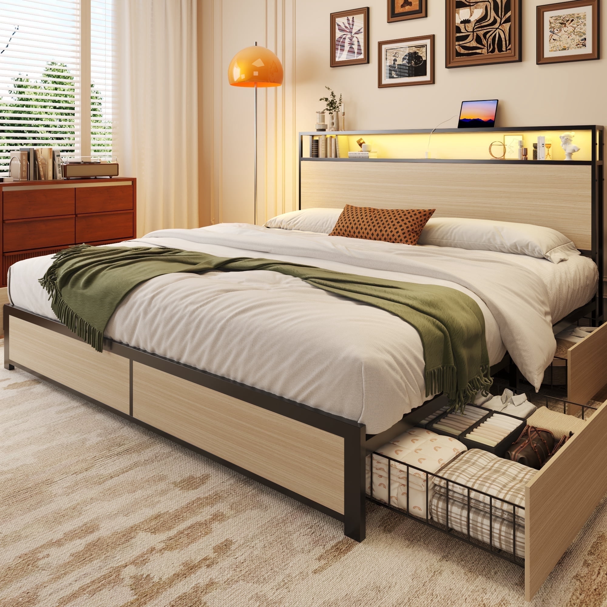 Fluest King Bed Frame with 2-Tier Storage Headboard, USB Port and LED Light, 4 Storage Drawers, Beige