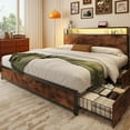 thumbnail image 1 of Fluest King Bed Frame with 2-Tier Storage Headboard, USB Port and LED Light, 4 Storage Drawers, Brown, 1 of 7