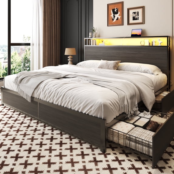 Fluest King Bed Frame with 2-Tier Storage Headboard, USB Port and LED Light, 4 Storage Drawers, Gray