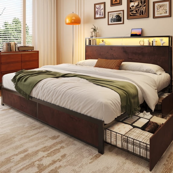 Fluest King Bed Frame with 2-Tier Storage Headboard, USB Port and LED Light, 4 Storage Drawers, Rustic Brown