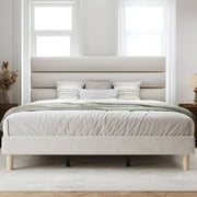 Fluest King Bed Frame with Velvet Upholstered Headboard, Metal Support, No Box Spring Needed, Noise Free, Easy Assembly, Beige