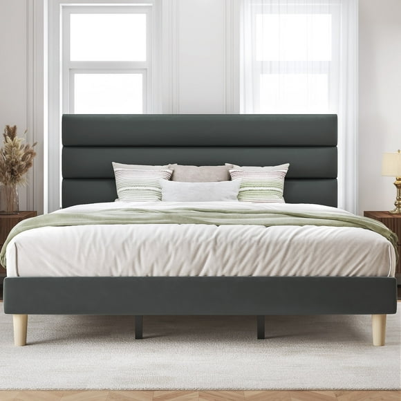 Fluest King Bed Frame with Velvet Upholstered Headboard, Metal Support and No Box Spring