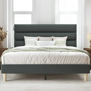 Fluest King Bed Frame with Velvet Upholstered Headboard, Metal Support, No Box Spring Needed, Noise Free, Easy Assembly, Beige