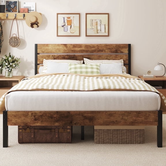Fluest Queen Size Bed Frame with Headboard and Footboard,Metal Support,No Box Spring Needed, Rustic Brown