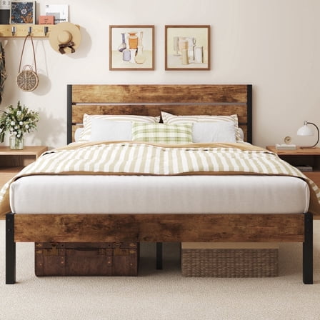 Fluest Queen Size Bed Frame with Headboard and Footboard,Metal Support,No Box Spring Needed, Rustic Brown