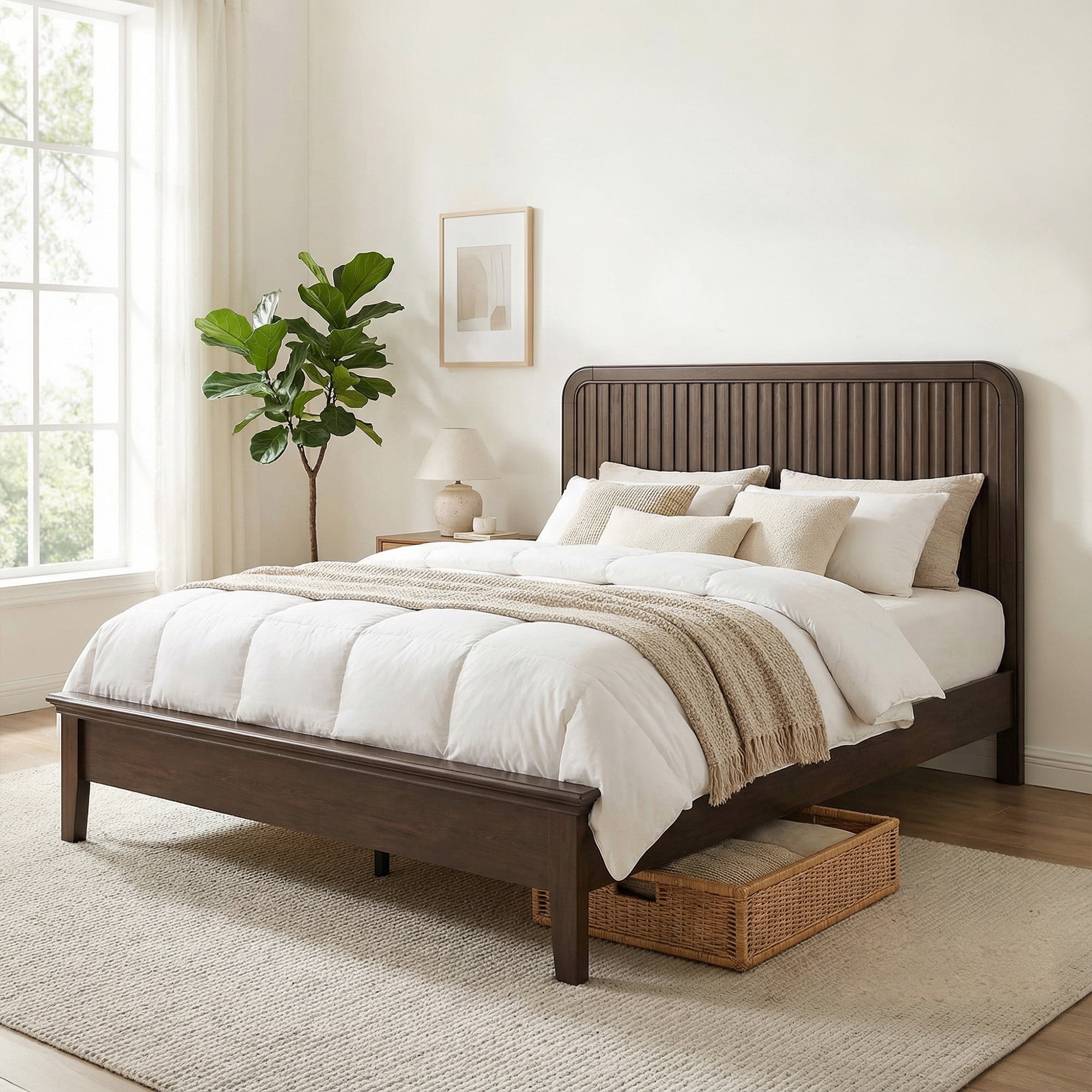Fluest Queen Bed Frame with Slat Headboard, Solid Wood Bed Frame, No Box Spring Needed, Noise-Free, Rustic Brown