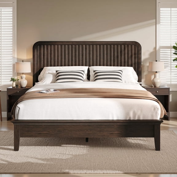 Fluest Queen Size Wood Platform Bed Frame with Vertical Slat Headboard, Rustic Brown, No Box Spring Needed, Noise-Free