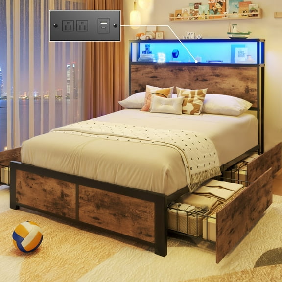 Fluest Twin Bed Frame with 2-Tier Storage Headboard, USB Port and LED Light, 4 Storage Drawers, Brown