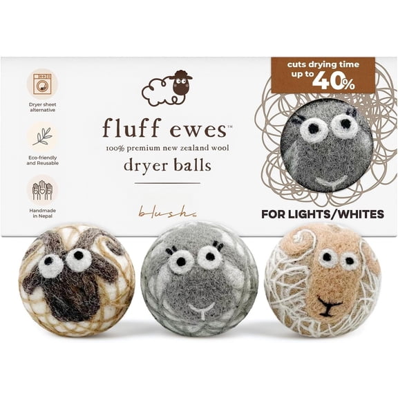 Fluff Ewes  Dryer Balls 3 Pack -  Lights  Hand Needled  Zealand Laundry Set, Reduces Drying Time, Static Control,  Free  for Essential Oils