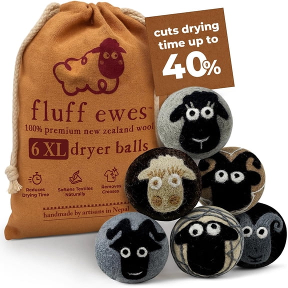 Fluff Ewes Wool Dryer Balls 6 Pack - Extra Large Classic Premium Hand Needled New Zealand Laundry Set, Reduces Drying Time, Static Control, Chemical Free Reusable for Essential Oils